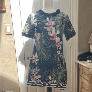 Tropical Floral Embroidered Shift Dress - Black with Green & Pink